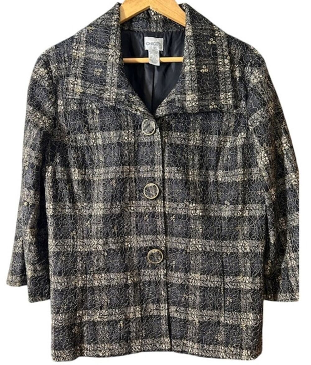 CHICO'S Women's Blazer Jacket Sz 2 LARGE Black Tan Plaid Gold Lace Overlay